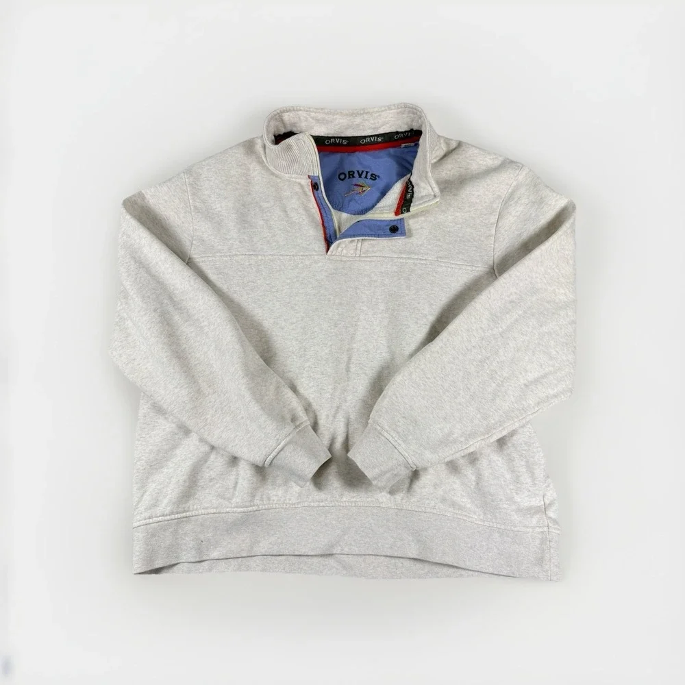 Orvis Mens Quarter Zip Sweatshirt Oatmeal Heather‎ Fly Fishing Logo 2XL
